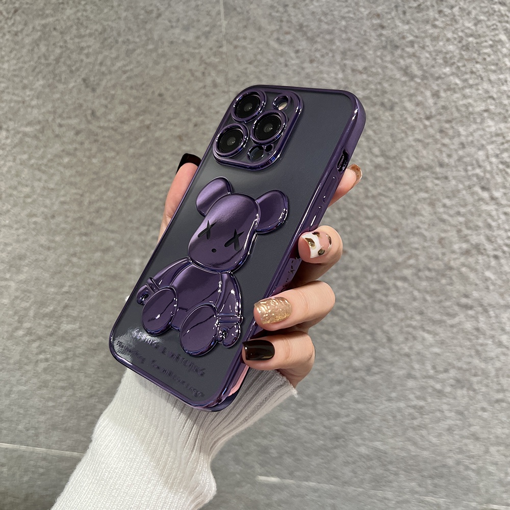 IPHONE Fashion Purple Bear Plating Phone Case Untuk Iphone13Mini12 11 Pro Max XS XR X8 7 6 6S Plus Se2020 Transparan Silikon Full Cover