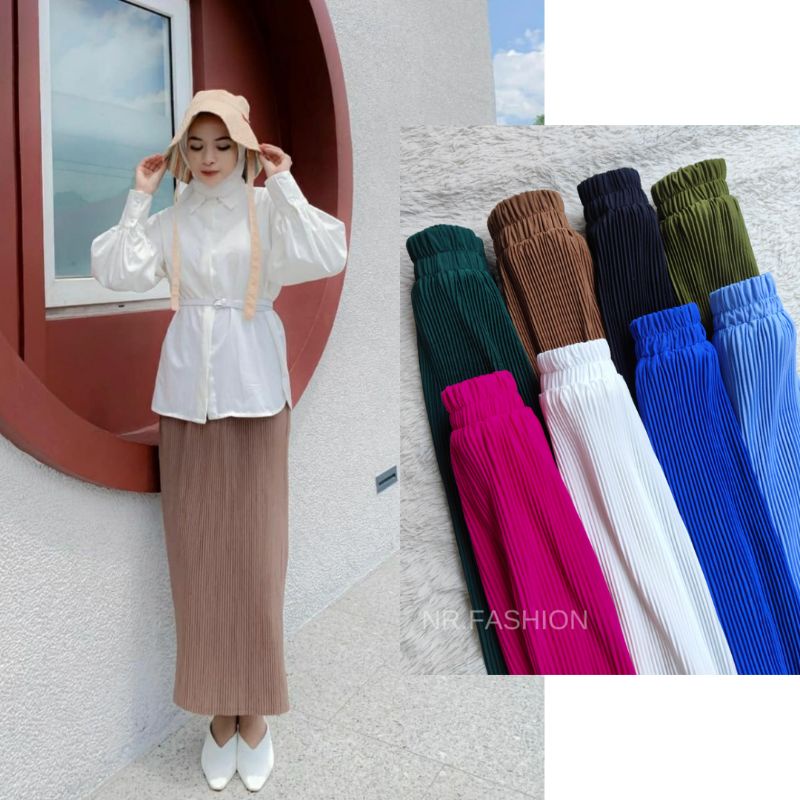 NR FASHION Rok Plisket Lidi Span Panjang Polos Hyget Premium Tebal fit Jumbo Pinggang Full Karet Banyak Warna