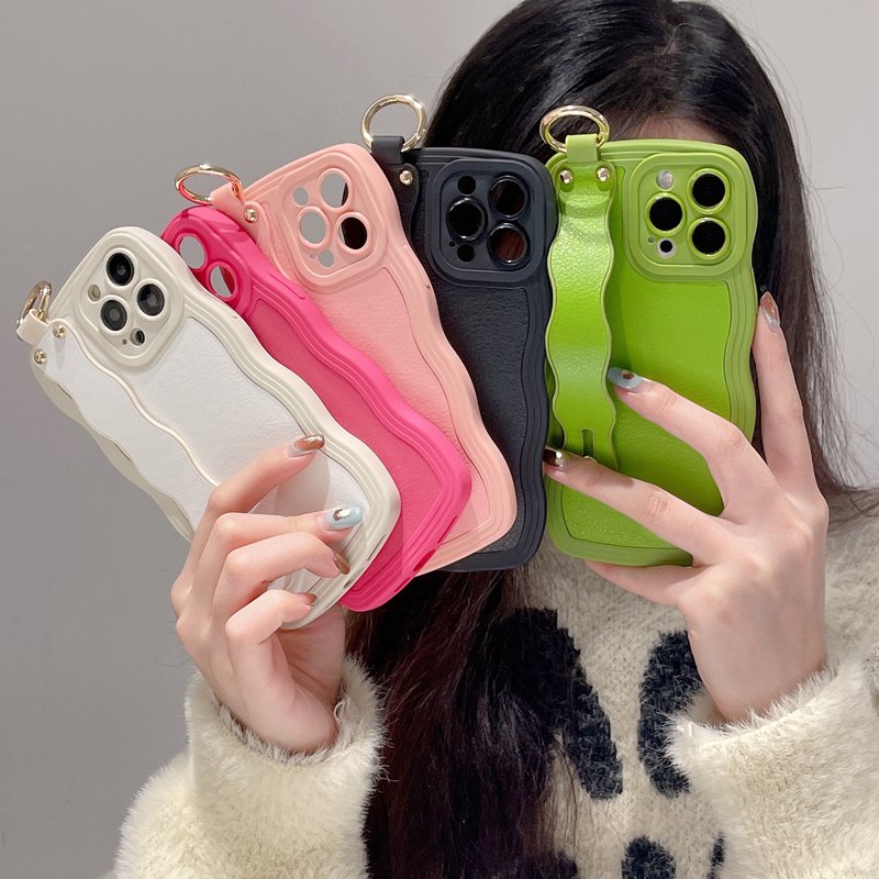 4 Colors Wave Wrist strap Leather Simple casing SoftCase OPPO A15S A35 A36 A76 A96 A7 A5S A12 A11K F9 Pro F11 A53 A33 A9 A57 A5 A3S A31 2020 Reno 5 6 7Z 8 5G Pink Red Kesing hp