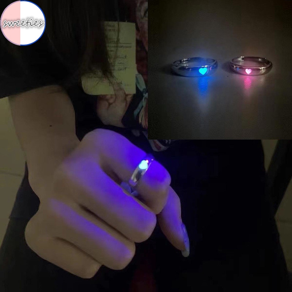 Pasangan Mode Cinta Biru Cinta Hati Cincin Bercahaya Neon Glow In Dark Pembukaan Cincin Perhiasan Hadiah