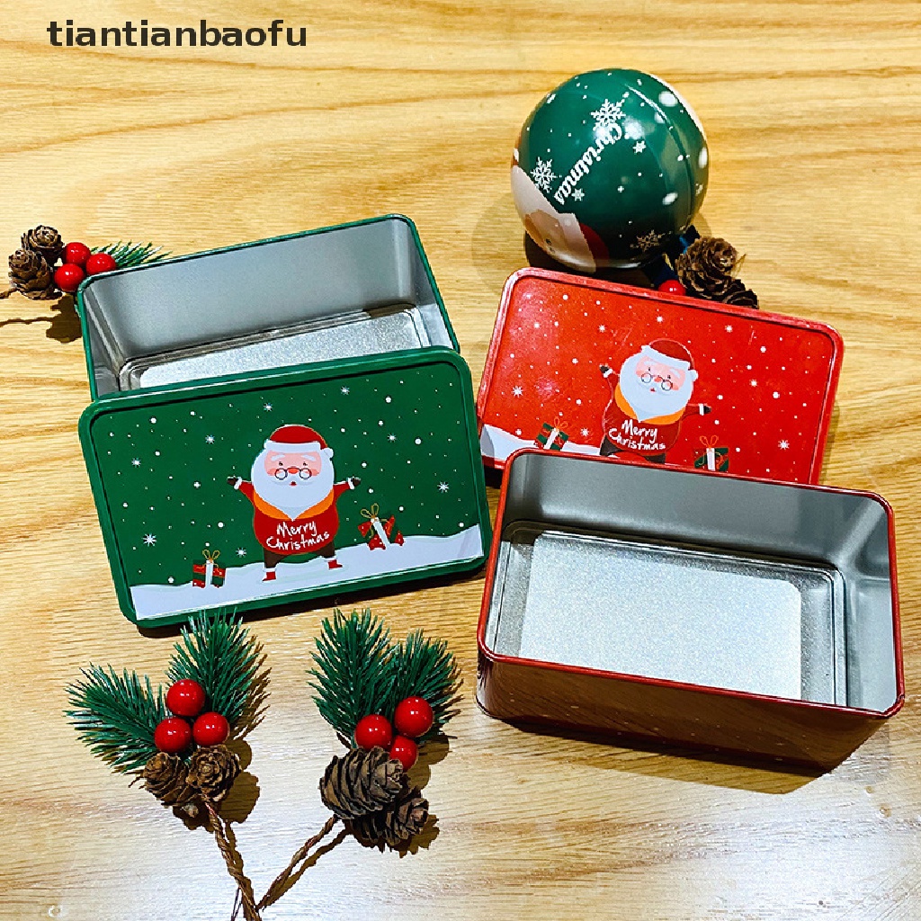 [tiantianbaofu] Christmas Storage Tin Box Portable Persegi Natal Cookie Tins Santa Tinplate Candy Box Kotak Hadiah Wadah Penyimpanan Logam Rumah Butik