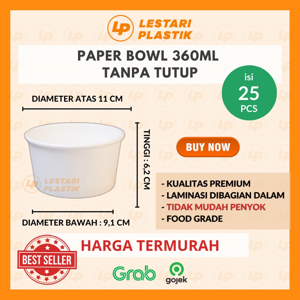 Jual [TERMURAH] Mangkok Kertas / Paper Bowl TANPA TUTUP/LID 360 ml (MIN ...