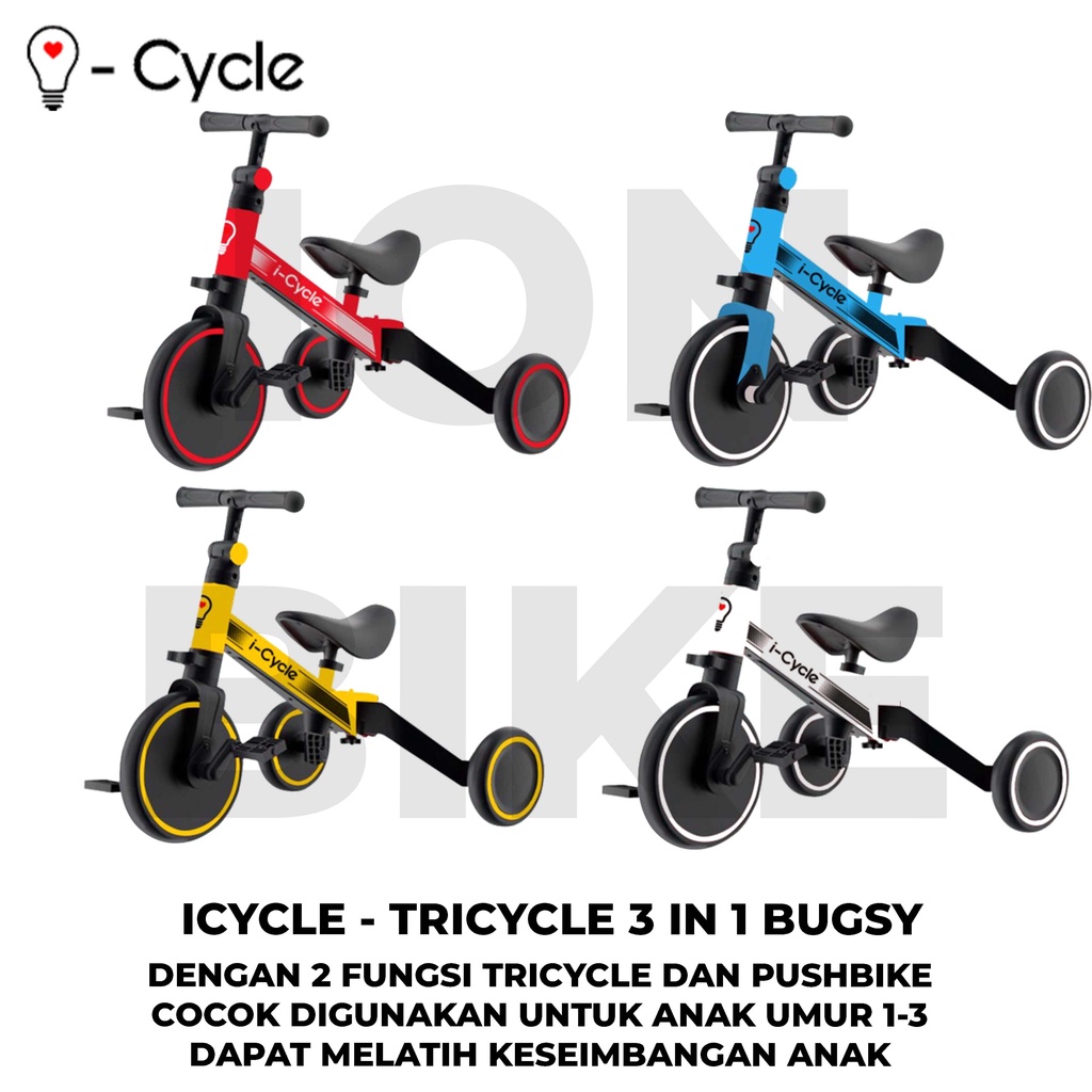 Tricycle Pushbike Icycle Bugsy Balance Bike 2 in 1 TC1905 Sepeda Roda 3 Anak I-Cycle Tri Cycle Push 