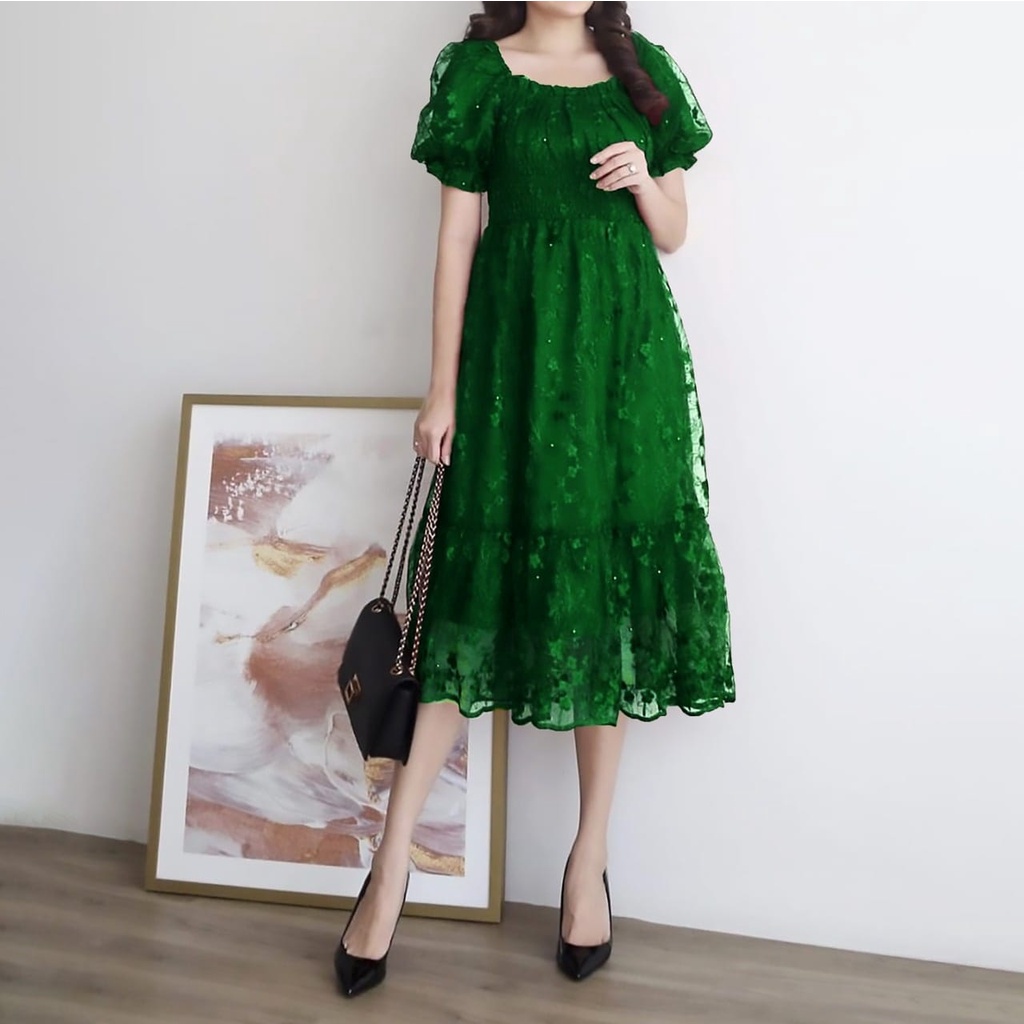 REALPIC 3 UKURAN M L XL DRESS MELDY FASHION PAKAIAN WANITA DRESS GAUN BRUKAT LAPIS FURING MS