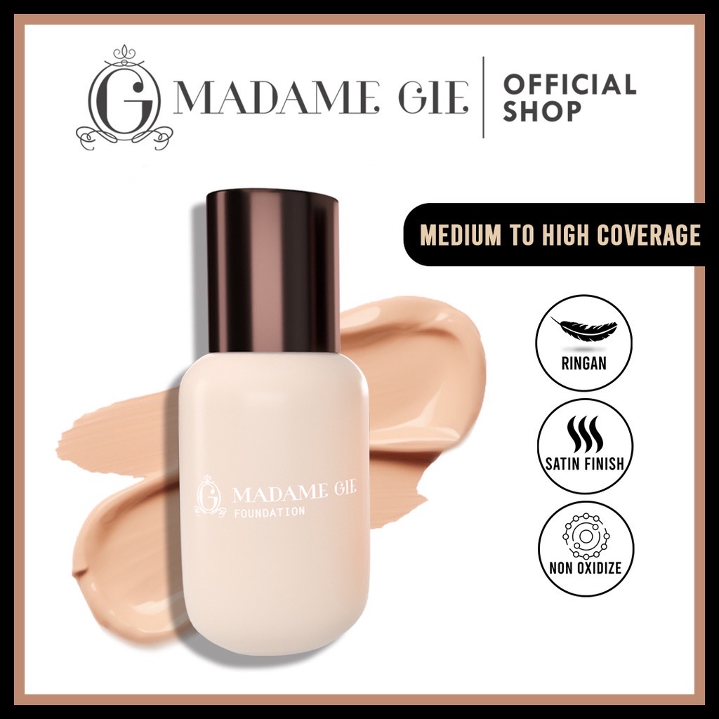 MADAME GIE Airy Coverstay Foundation Indonesia / High Coverage Longlasting 36g Oil Control Satin Smooth Non Cracky Stay Up To 12 H / Matte Light / Tahan Lama / Porcelain Light Medium Natural Tan Cover Stay Liquid Cosmetic Face Make Up Concealer Corrector