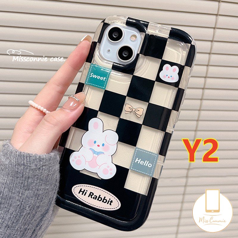 Casing Couple Case Kompatibel Untuk iPhone 7Plus 8Plus XR 11 14 13 12 Pro MAX 7 8 6 6S Plus X XS MAX Kotak-Kotak Beruang Lucu Kelinci Shockproof Airbag Soft TPU Lovers Phone Case