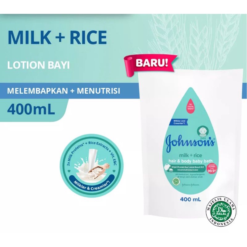 Johnson's CuttonTouch | Milk + Rice Hair and Body Baby Bath 2 in 1 Botol 500 ml &amp; Refill 400 ml