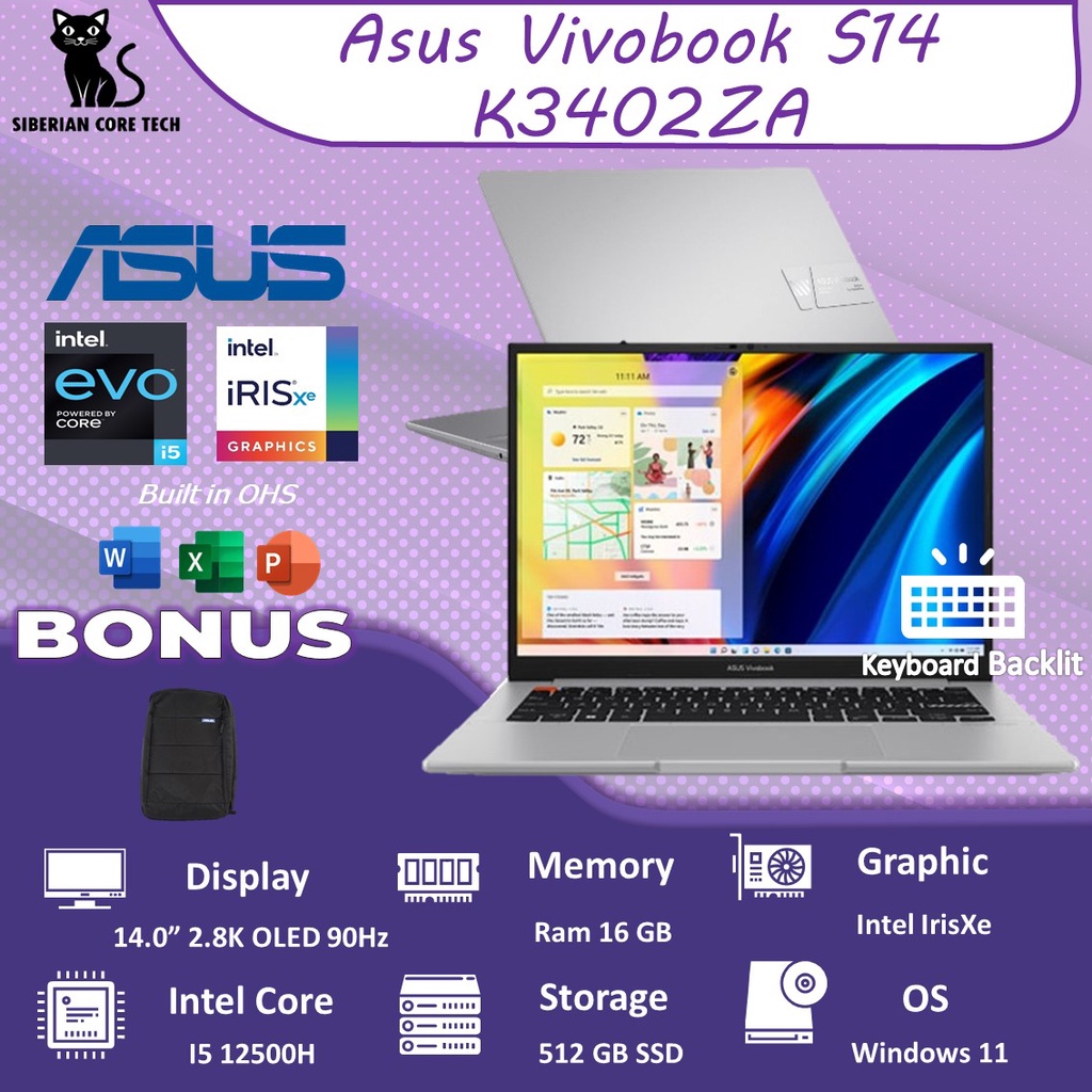 ASUS VIVOBOOK S14 OLED EVO K3402ZA OLEDS554 I5 12500H 16GB 512SSD IRISXE W11+OHS 14.0 2.8K 90HZ