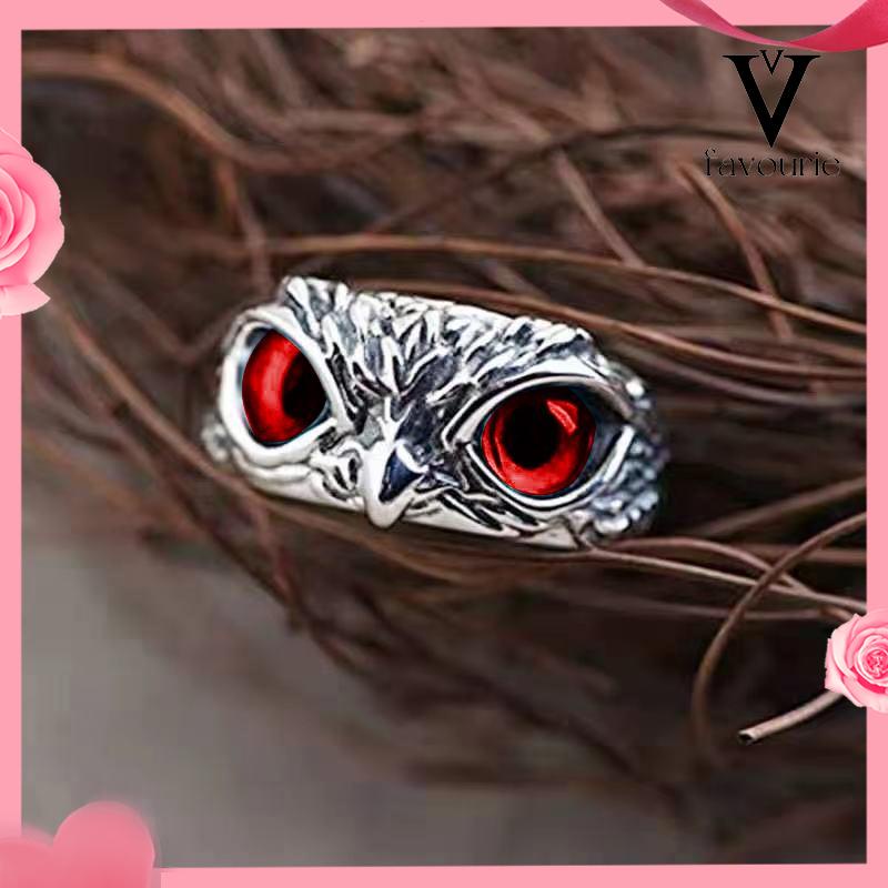 CODKristal Vintage Style Burung Hantu Cincin Perak 925 Pria Wanita Punk Crystal Rings Adjustable Size-FA