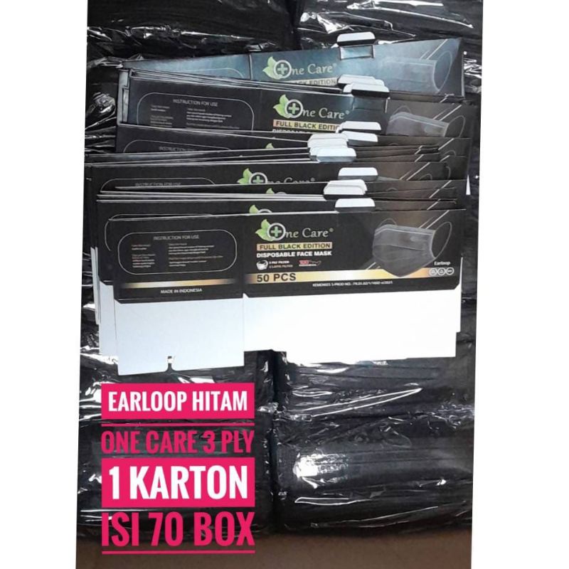 Masker Earloop Hitam One Care 3 ply 1 Karton Isi 70 Box