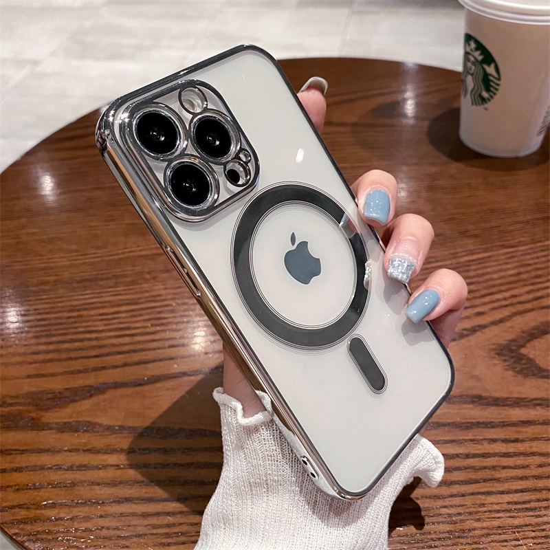 IPHONE Casing Magsafe Transparan Pengisian Nirkabel Silver Mewah Untuk Iphone14 13 12 11 Pro Max X XR Xs7 8 Plus Se2020 22 11 Mini Soft Cover