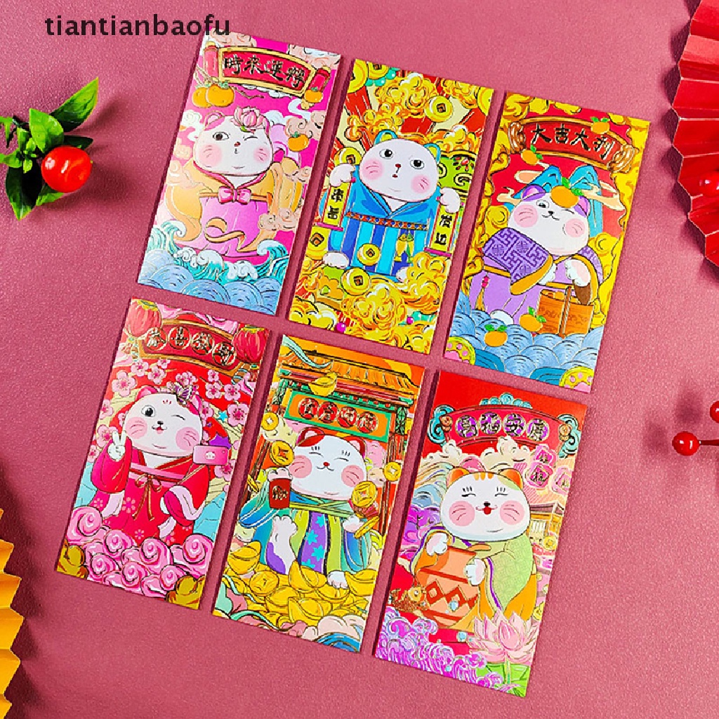 [tiantianbaofu] 6 Pcs 2023antamplop Merah Kucing Keberuntungan Vietnam Kartun Hadiah Hongbao Perlengkapan Butik
