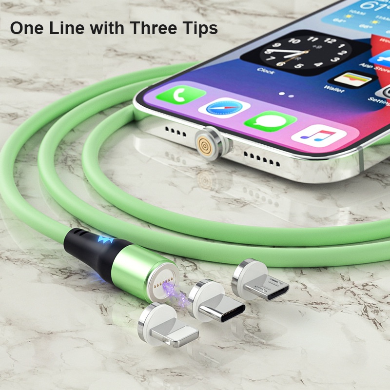 Kabel Data Usb Led Magnetik Berputar 3in1 5A Silikon Micro Usb Fast Charging Wire Untuk i-phone Tipe C Android Data Line