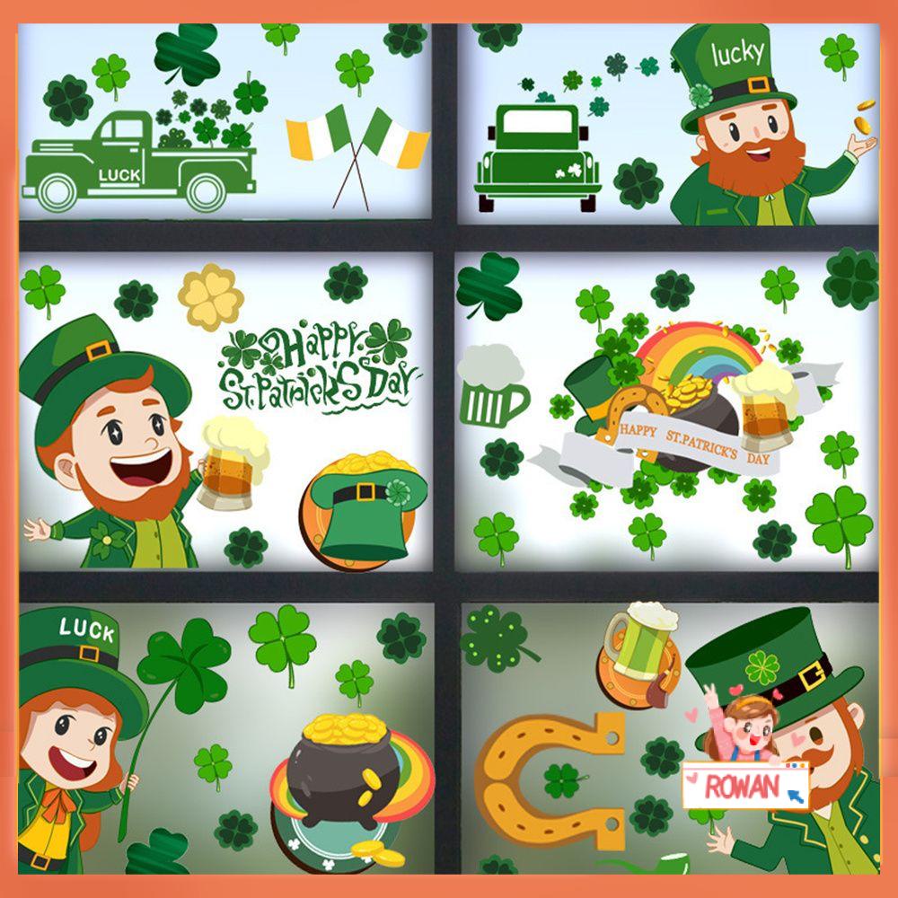 R-flower St Patricks Day Dua Sisi Lucky Green Clover Kaca Jendela Ornamen Stiker Dinding PVC