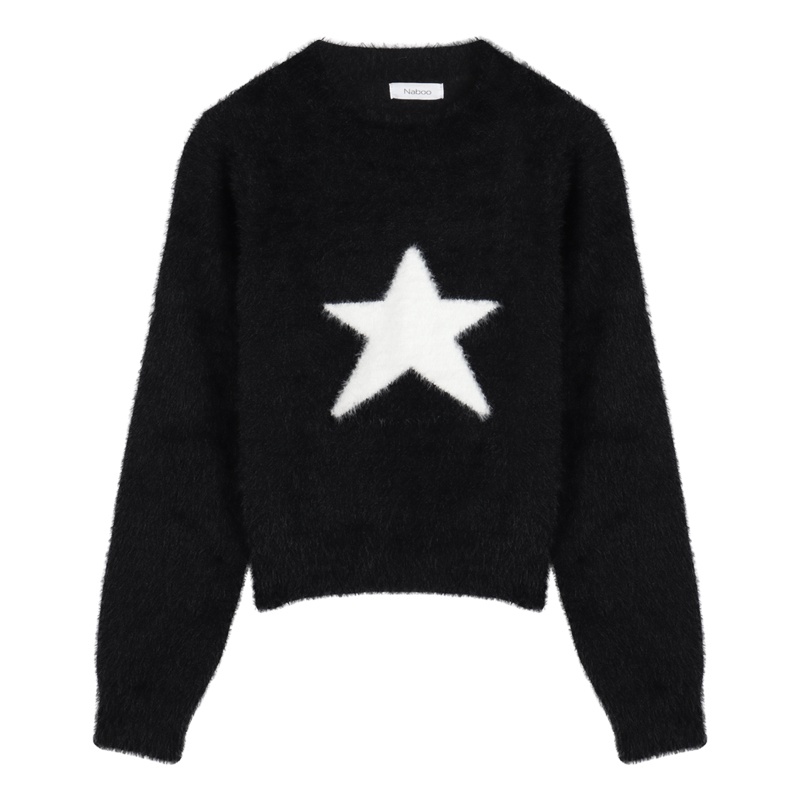 ✇♚Suhao Hitam Bintang Mewah Lengan Panjang Sweater Wanita Musim Gugur dan Musim Dingin 2022 Baru Korea Pullover Slim-Fit Pendek rajutan Sweater Top