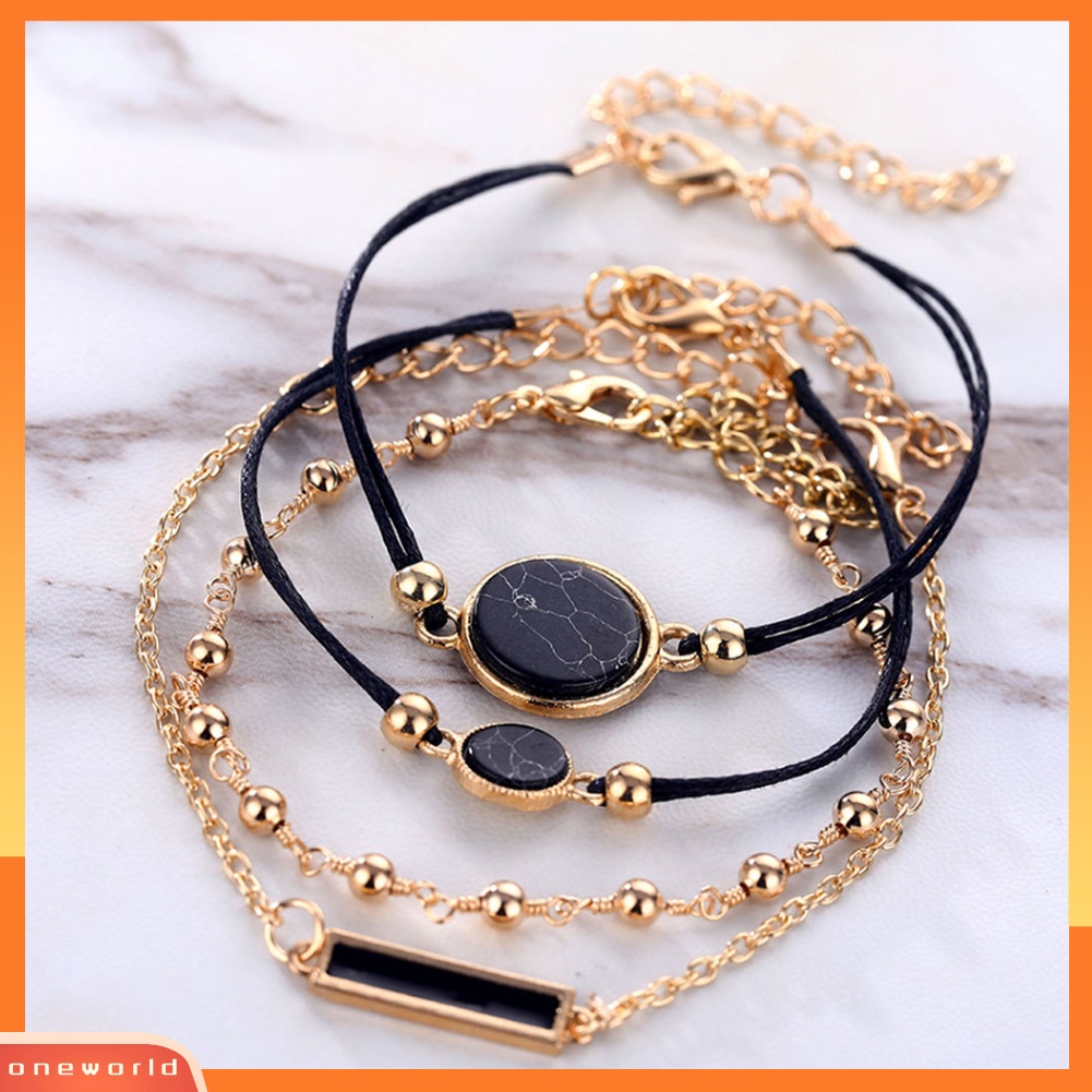 [WONE] 4pcs/set Wanita Bohemian Bulat Bar Batu Pesona Gelang Tali Rantai Bangle Perhiasan