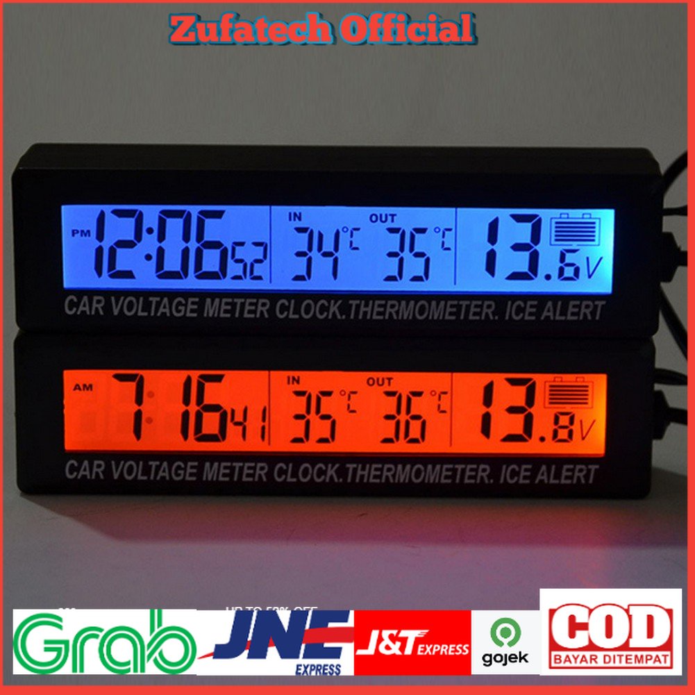 Jam Digital LCD Mobil dengan Thermometer + Battery Voltage Monitor - EC88 - Black