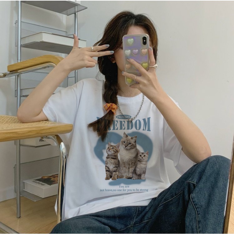 Cat Kaos Lengan Pendek Cream Atasan Wanita Oversize Printed T-shirt Kekinian Korean Style/atasan anak perempuan