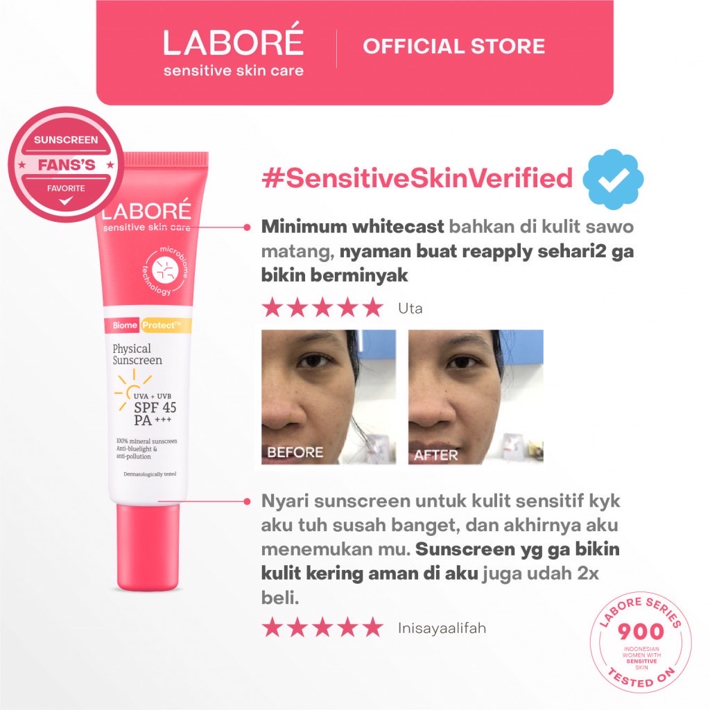 LABORE BiomeProtect Physical Sunscreen Indonesia / Tabir Surya Wajah 10ml 30ml / 100% Mineral Sunscren Anti Bluelight Pollution / UV Protection Sunblock / Sensitive Skin Care Kulit Sensitif Skincare Face Wash Toner Serum Day Night Cream Moisturizer Mask