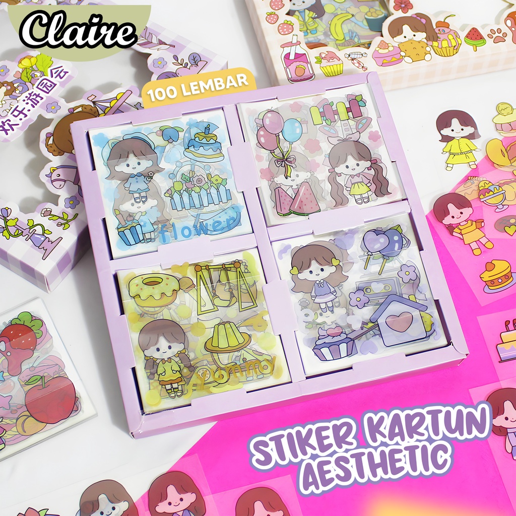 Stiker Kartun Aesthetic 2D 100 Lembar / Stiker Anak Lucu 100 Lembar