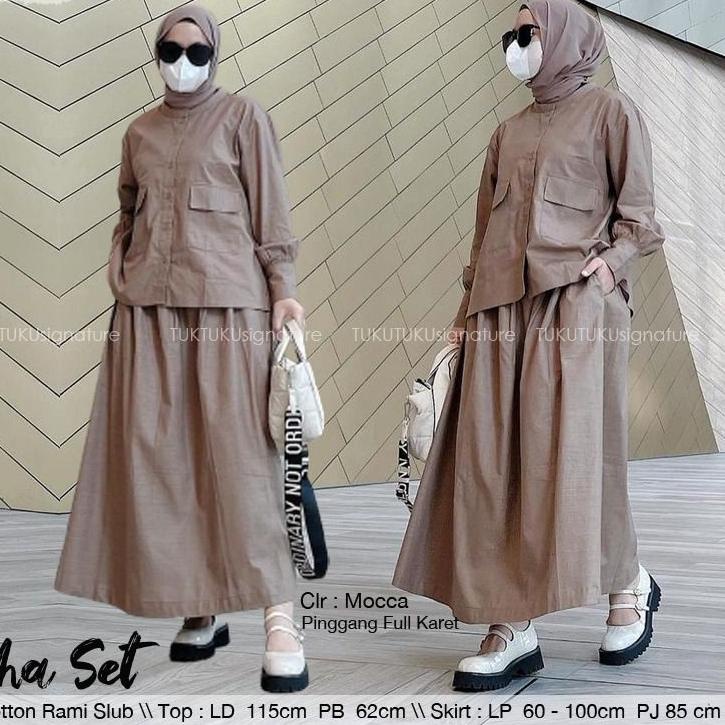 Paling Diminati Jeha Set setelan oneset muslim rok rami linen wanita jumbo elegan terbaru kekinian