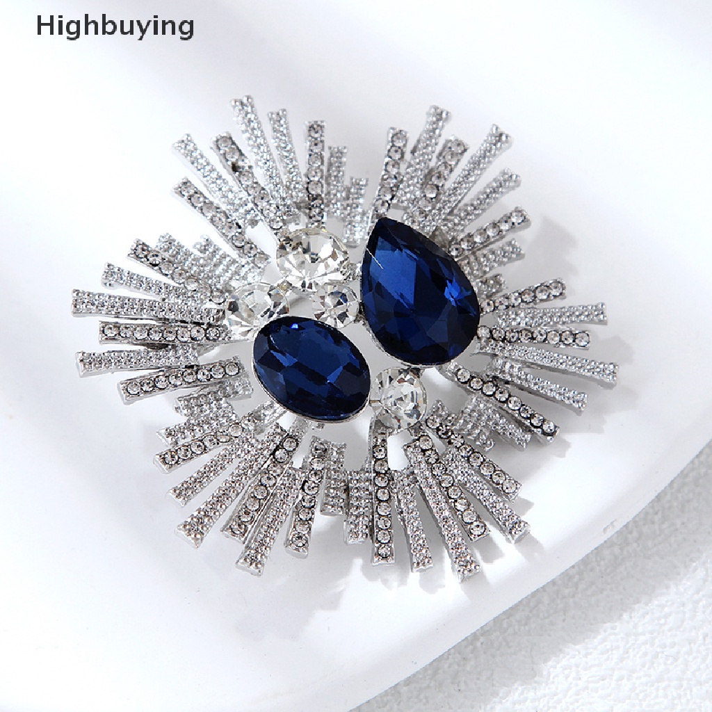 Hbid Retro Elegan Bunga Bros Retro Mode Biru Tua Kristal Pin Untuk Wanita Pakaian Perhiasan Accessries Glory