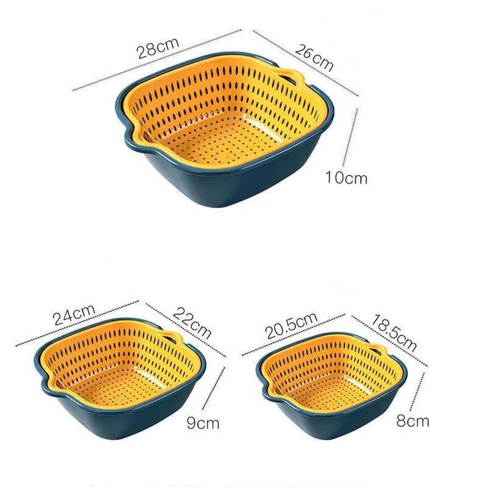 3 PCS Baskom Saringan serbaguna penyaring Cuci Buah Sayuran Drain Bucket Double Layer - DP151 - Blue Yellow saring dapur wadah Bahan Makanan penyimpanan