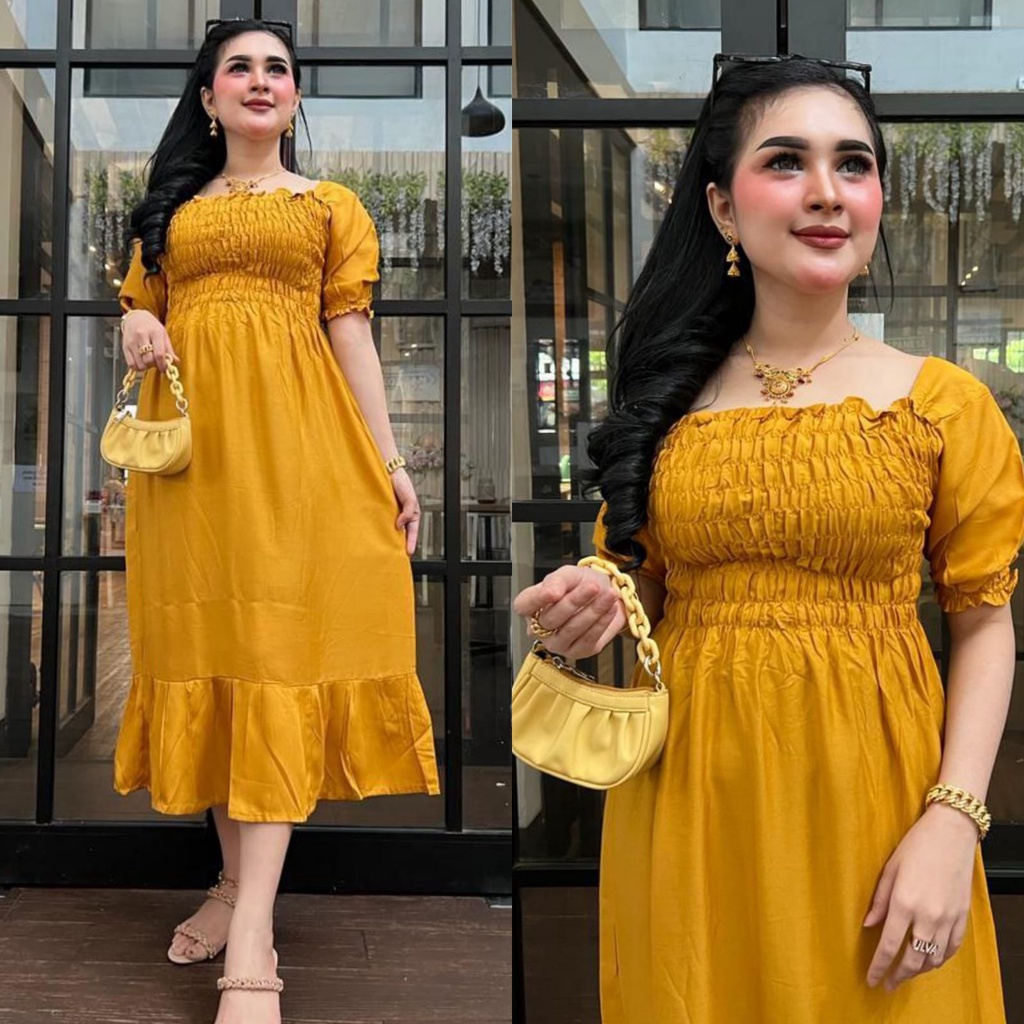 DRESS KERUT REMPEL PANJANG LENGAN PENDEK POLOS