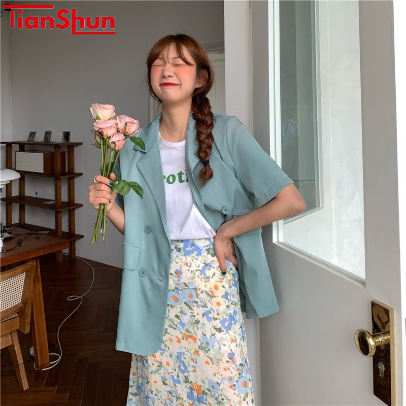 TianShun Korean Hijau Biru Kuning Ungu Korea Blazer Wanita Lengan Pendek Setelan Jas Blazer Women