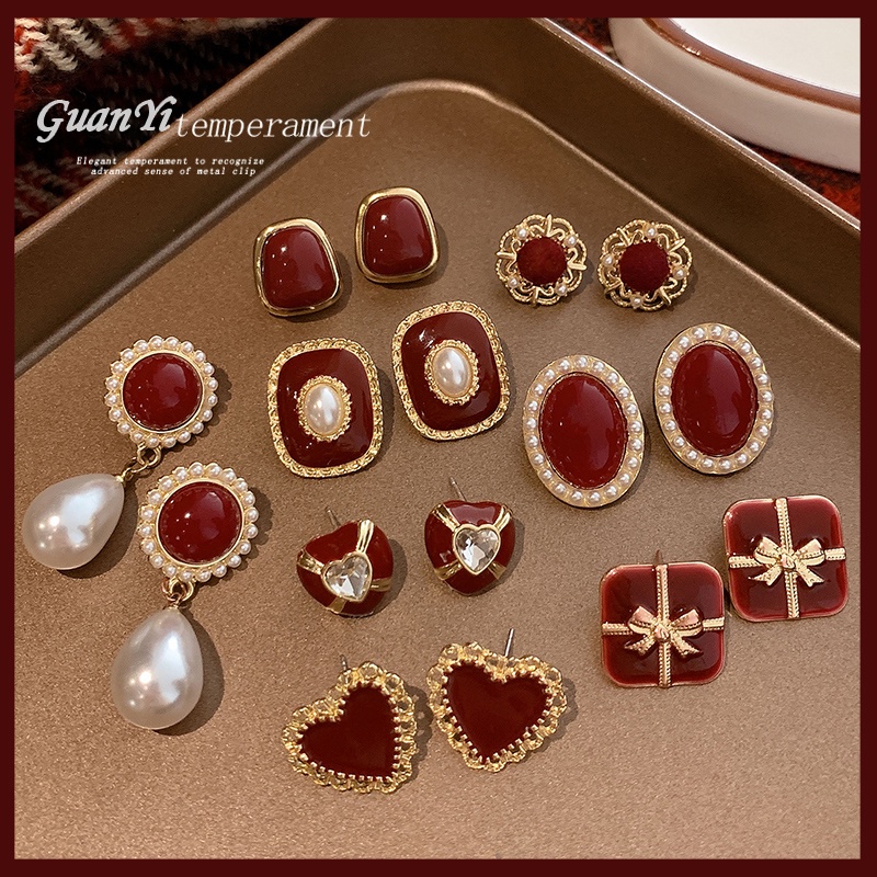 Fashion Vintage Stud Earrings Tahun Baru Anting Merah Anting Indah Mutiara Anting Natal