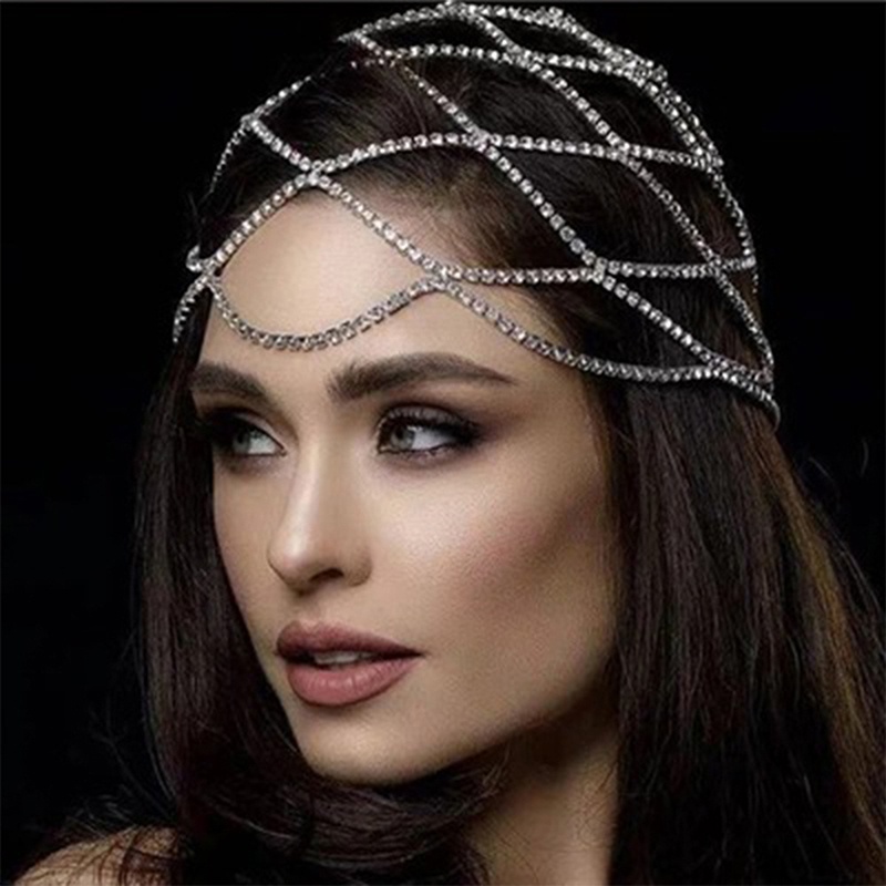 Perhiasan Rantai bridal headpiece Jaring Berlian Imitasi hollow Untuk Wanita Kristal Mewah