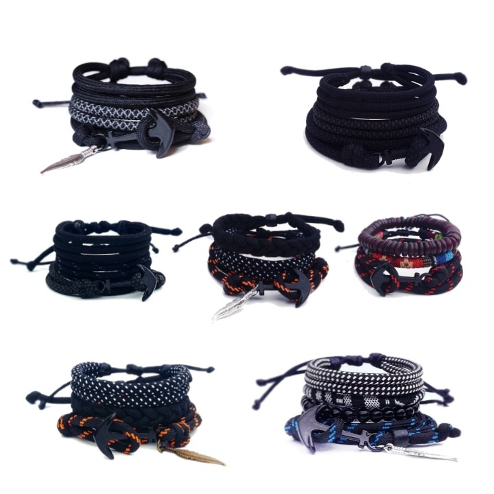 Gelang Pria Jangkar Besi Hitam Tali Prusik Paket Premium