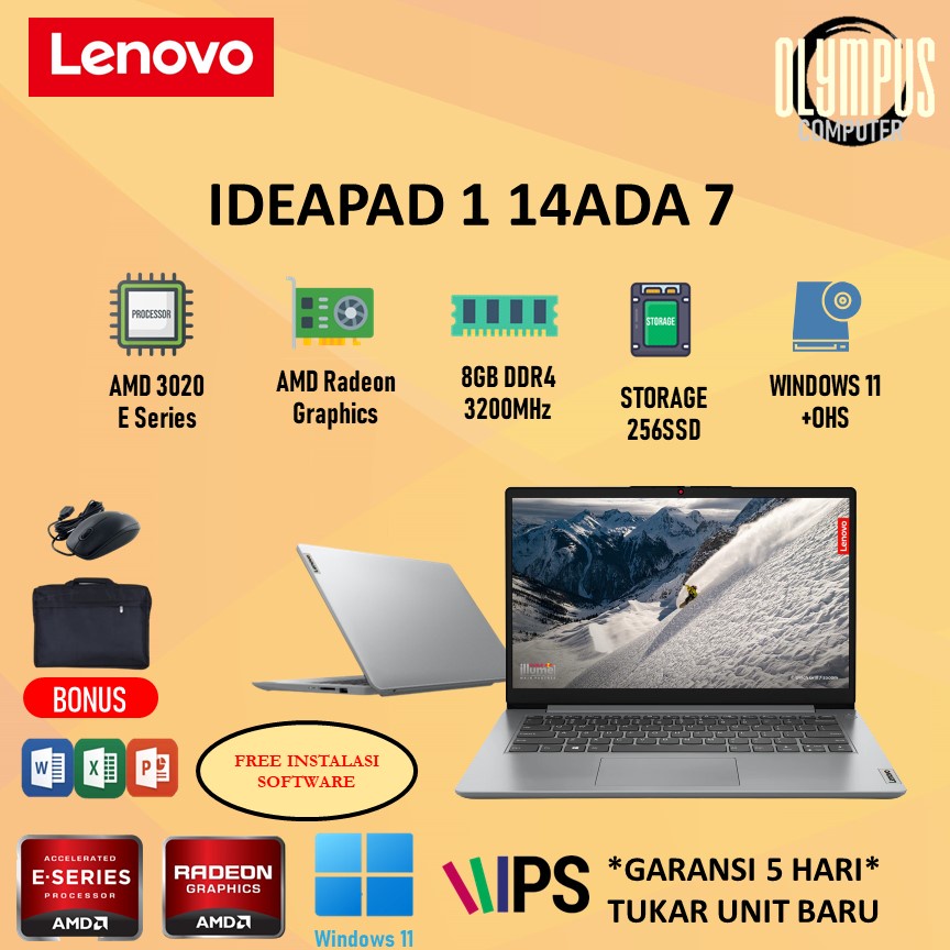 Laptop Lenovo Ideapad Slim 1 14 AMD 3020E 8GB 256SSD W11+OHS