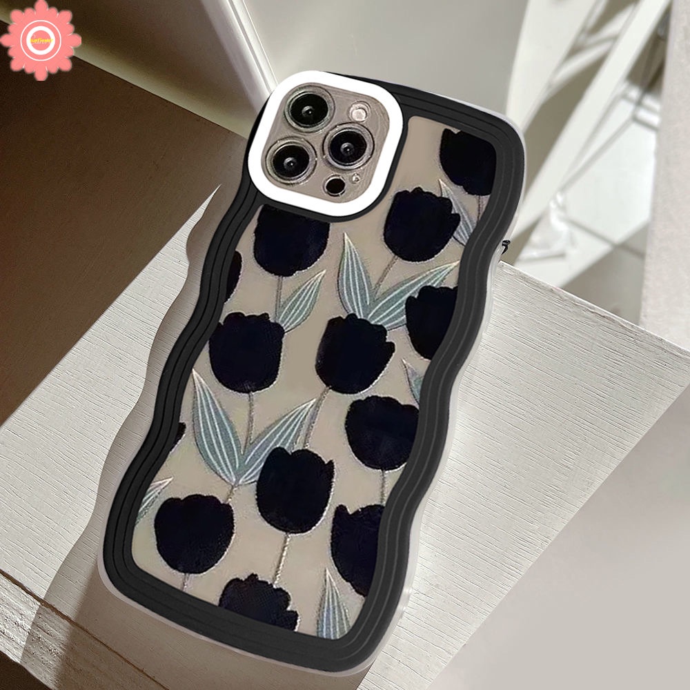 IPHONE Casing Wave Edge Case Kompatibel Untuk Iphone7 8 6s 6plus 12 13 14 Pro MAX 11 Pro MAX XR 14plus X XS MAX Se2020 Silikon Lembut Motif Bunga Tulip Hitam Daun Hijau Back Phone Cover