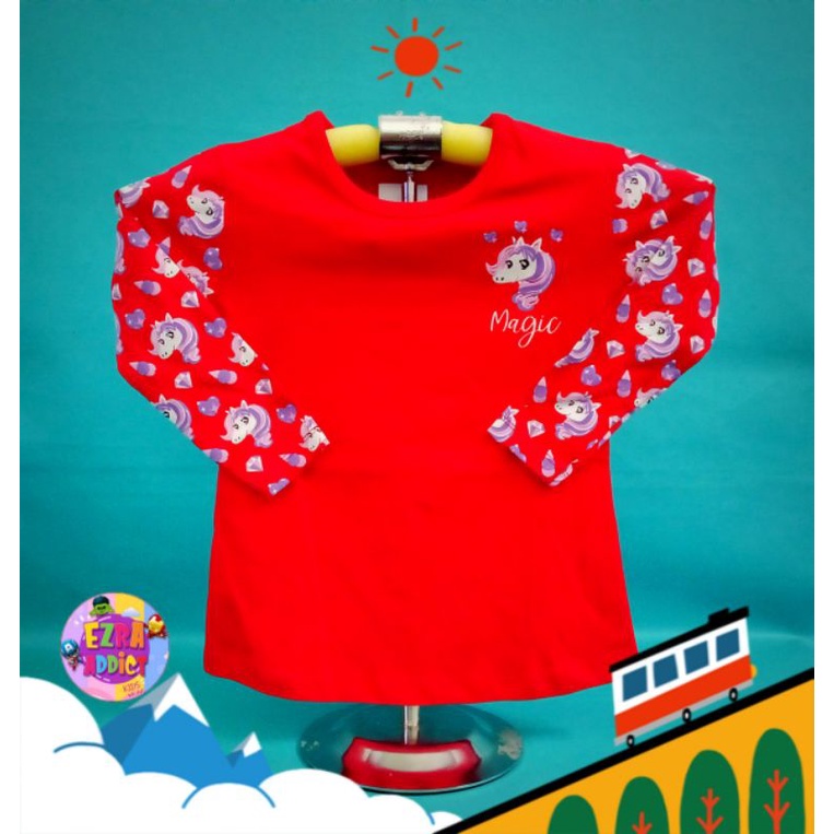 TERMURAH - Umur 4 5 6 7 8 9 10 11 12 13 tahun - Oshkosh Longsleves Tshirt Girls - Unicorn Merah - Ba