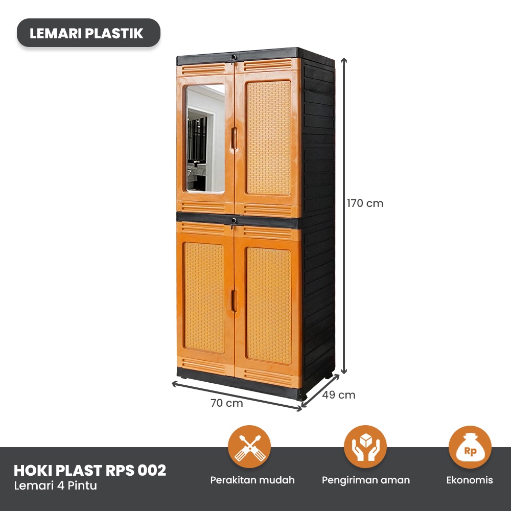 HOKI PLAST Lemari Plastik Baju dan Pakaian 4 Susun + Kaca Cermin