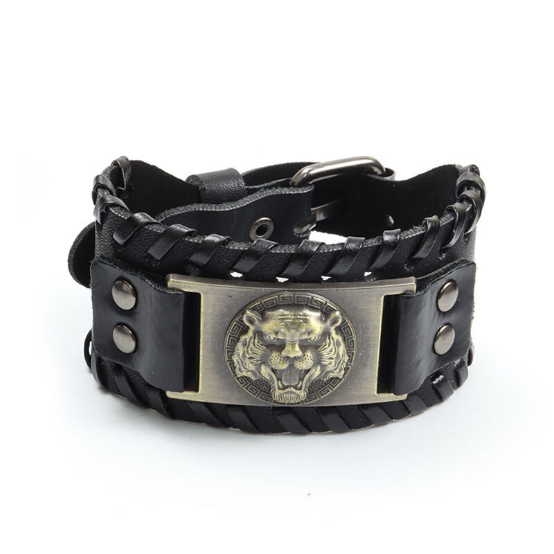 [Z H Jewelry] Viking Fashion Pria Macan Kulit Anyaman Gelang Stainless Steel/Aksesoris Perhiasan Pesta 18.5CM~21.5CM