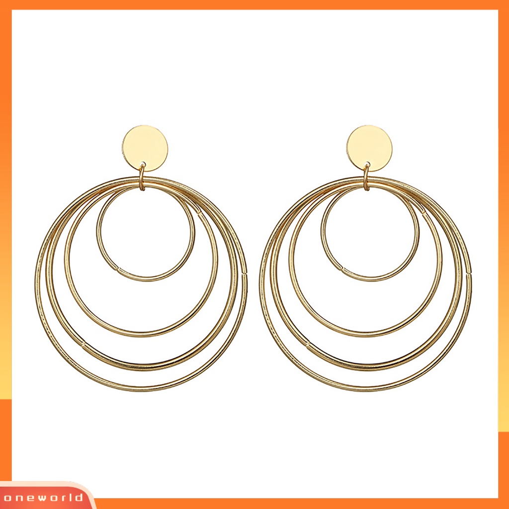 [WONE] Kawat Ear Loop Spring Geometri Multi-circle Retro Berlebihan Anting Paduan Emas Untuk Anniversary