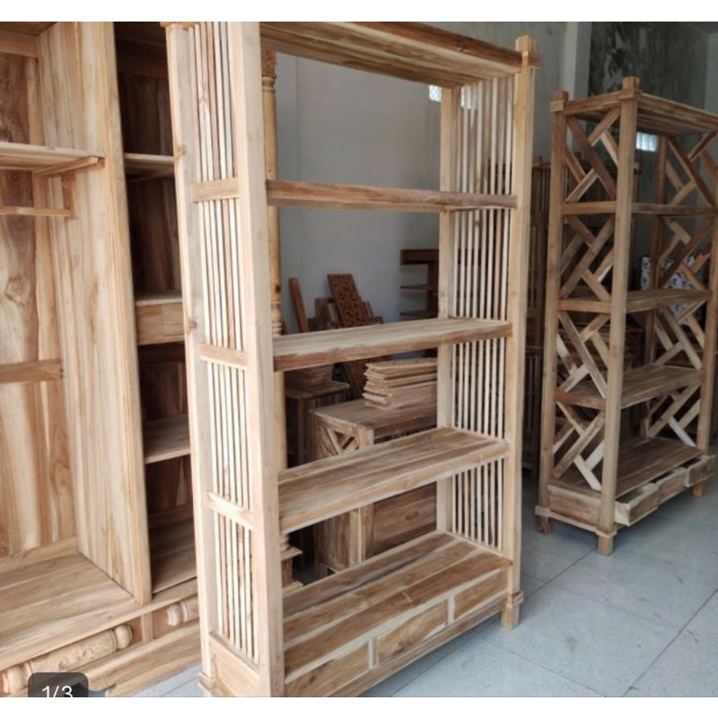 Rak Buku Kayu Jati Lemari Buku Lemari Jati Rak Sepatu dan Boneka 3 lacik