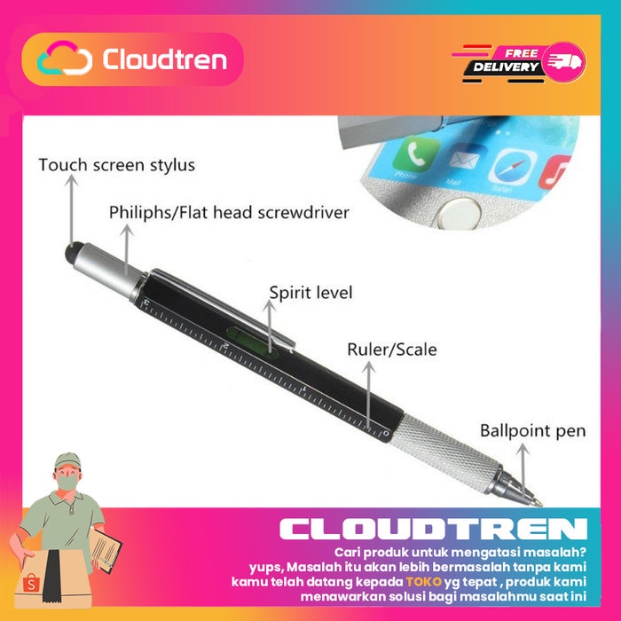 

Pena Multifungsi Plastik Stylus + Penggaris + Level + Obeng - SILVER