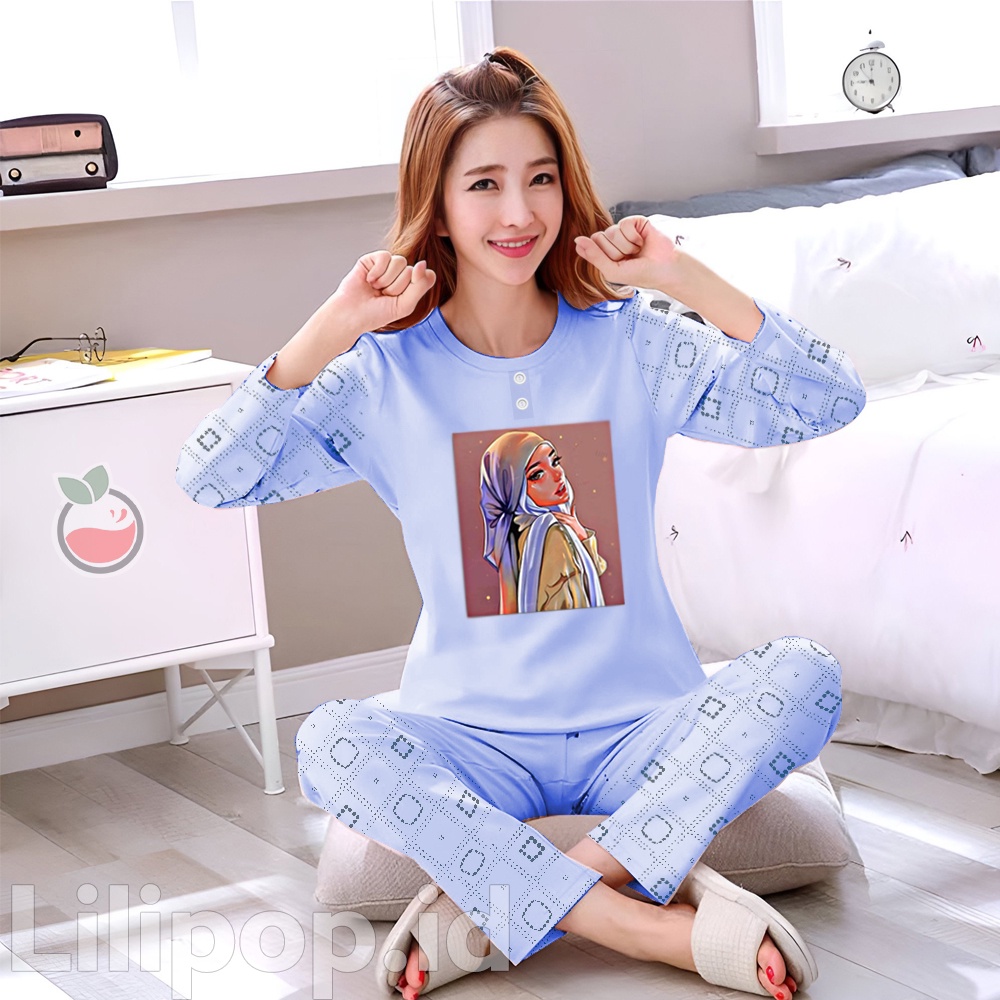 Lilipop.id  Baju Tidur Wanita Muslimah Celana Panjang PP Allsize Lengan Panjang Baby Doll Bahan Kaos Dewasa