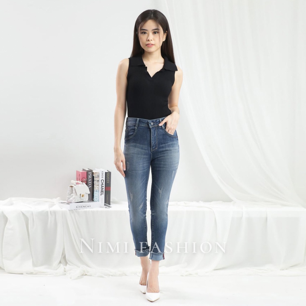 NIMI - Agnes Boyfriend Hw Celana Jeans Stretch Wanita High Waist Tint Stik Balik