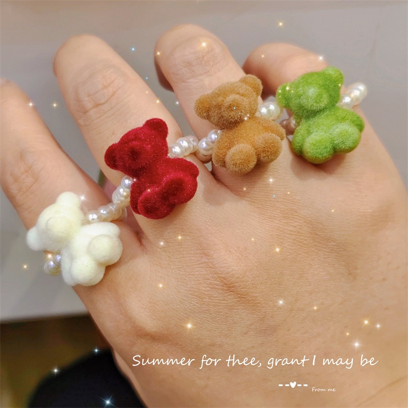 Fashion Wanita Perhiasan Resin Buatan Mutiara Flocking Bear Cincin