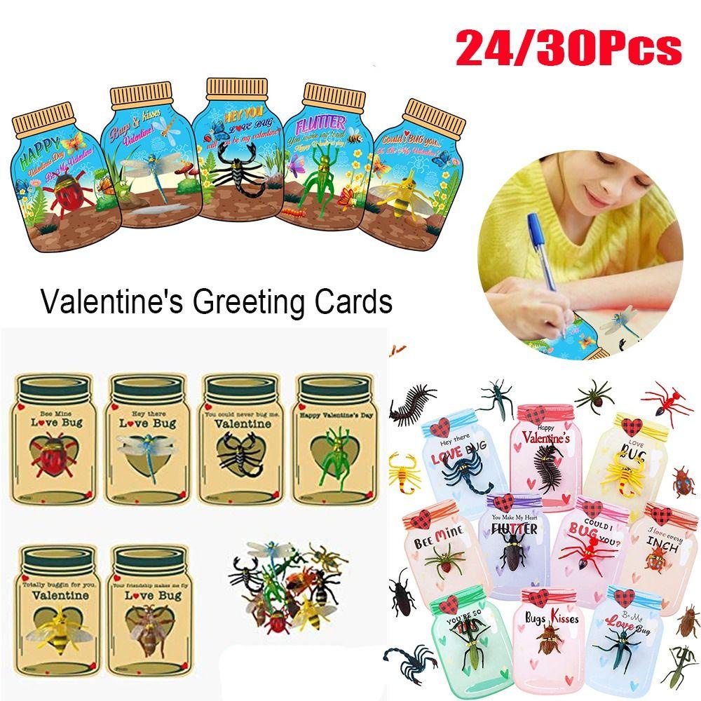 Solighter 24/30PCS Kartu Ucapan Valentine Festival Best Wishes Birthday Valentine Day with Insect