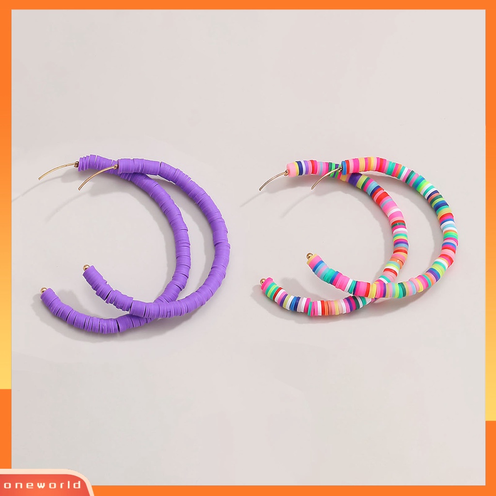 [WONE] 1pasang All-match Wanita Warna Pelangi Polymer Clay Bohemian Hoop Stud Earring Untuk Outdoor