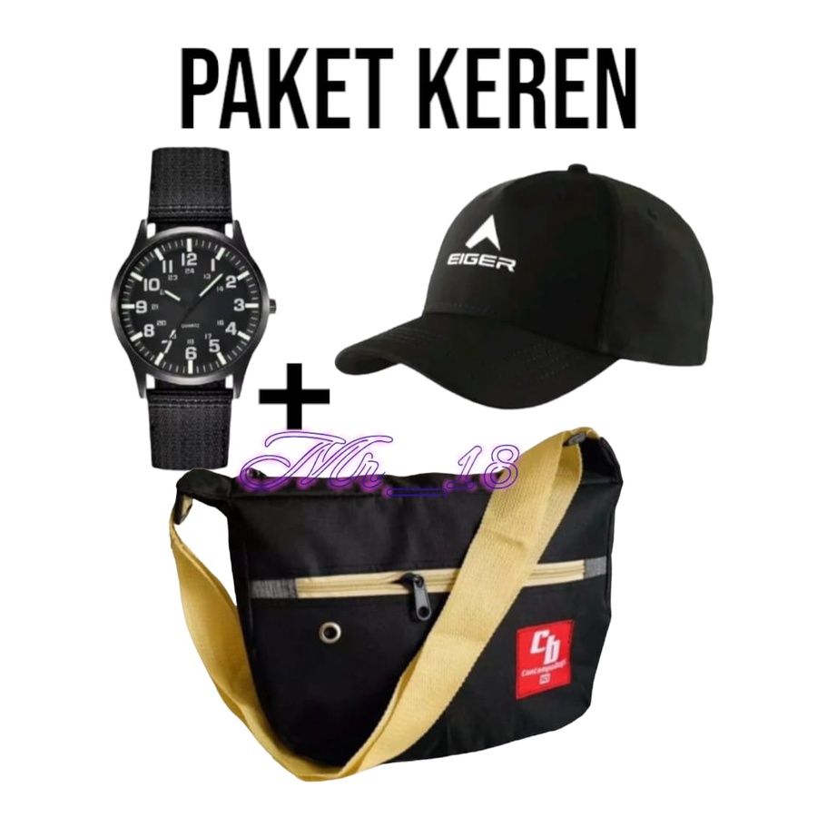 PAKET KEREN HEMAT 3 IN 1 TAS SALEMPANG PRIA GRATIS TOPI DISTRO GRATIS JAM TRENDY TALI CANVAS - TAS SALEMPANG PRIA - TAS SLINGBAG-TAS PINGGANG - JAM TALI CANVAS ANALOG - TOPI PRIA - TOPI DISTRO