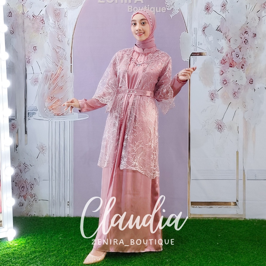 CLAUDIA GAUN pesta inner dan outer mewah full tulle bordir FREE BELT / baju kondangan / prewedding / bisa couple / wisuda / lamaran / gamis remaja