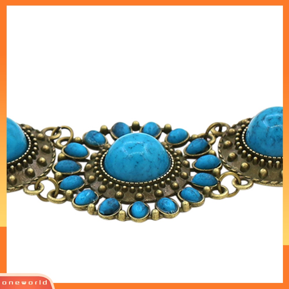 [WONE] Wanita Vintage Bohemian Bulat Biru Turquoise Batu Hias Liontin Kalung