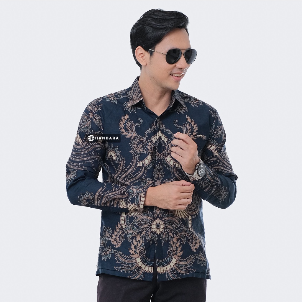 Baju Kemeja Batik Pria Lengan Panjang Slim Fit Premium Modern Full Furing Katun Halus Original Handara Motif Senopati Navy HB-211