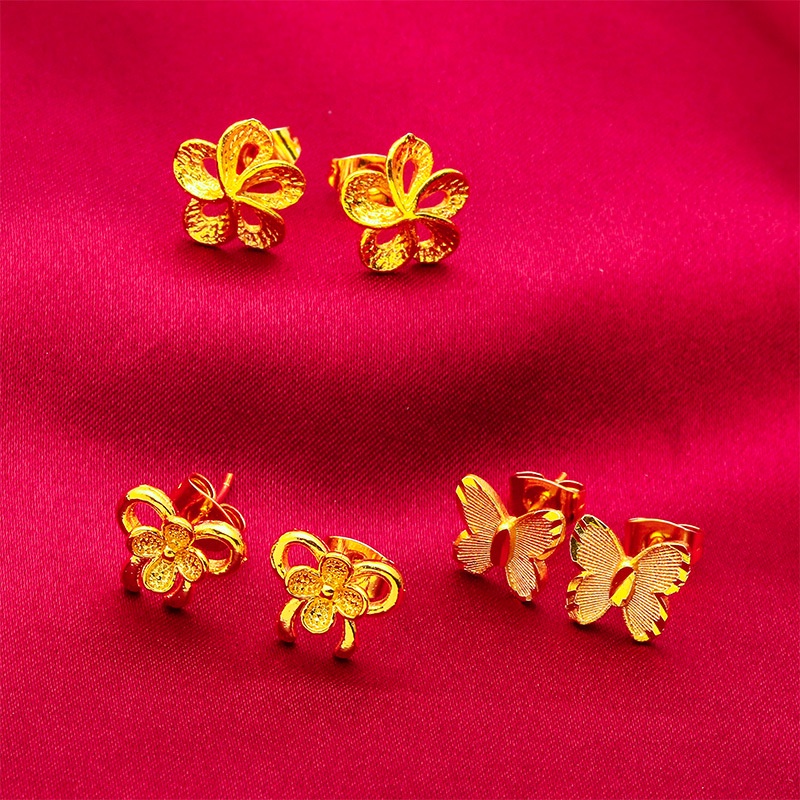 Goldkingdom Perhiasan Fashion Emas Asli Kadar 375 Bangkok Aksesoris Ready Stock Lapis Emas Indah Kupu-Kupu Woman Flower Stud Earrings